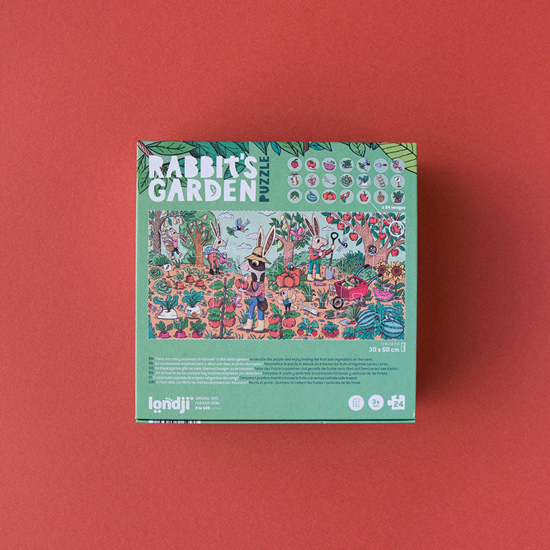 24-piece garden puzzle featuring a rabbit and friends with fruits and vegetables, for kids ages 3+ – doubles as an observation game, made from FSC paper and recycled cardboard