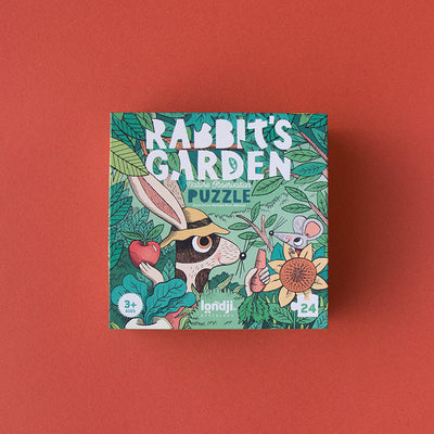 24-piece garden puzzle featuring a rabbit and friends with fruits and vegetables, for kids ages 3+ – doubles as an observation game, made from FSC paper and recycled cardboard