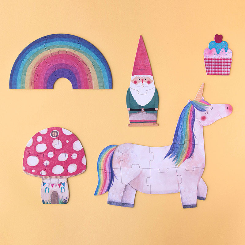 Reversible unicorn-themed birthday puzzle set for kids ages 3+, made from FSC paper and recycled cardboard – progressive puzzles from 2 to 10 pieces







