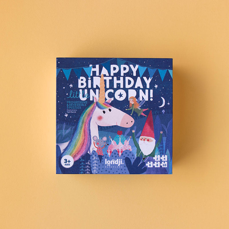 Reversible unicorn-themed birthday puzzle set for kids ages 3+, made from FSC paper and recycled cardboard – progressive puzzles from 2 to 10 pieces






