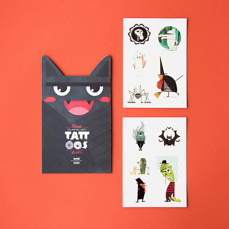 Set of ten spooky Halloween-themed temporary tattoos with vampires, ghosts, and zombies for kids and adults – safe, non-toxic, and easy to apply