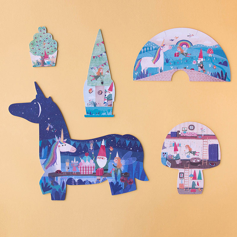 Reversible unicorn-themed birthday puzzle set for kids ages 3+, made from FSC paper and recycled cardboard – progressive puzzles from 2 to 10 pieces