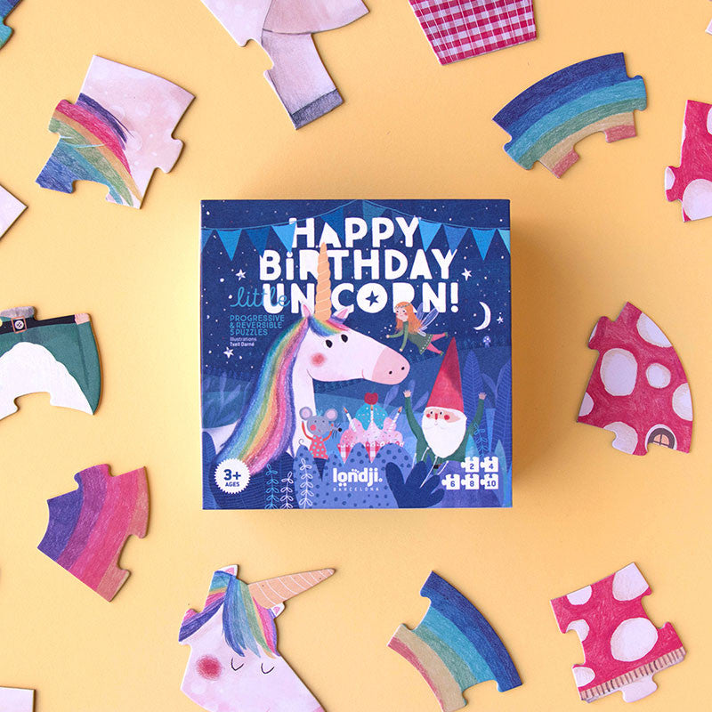 Reversible unicorn-themed birthday puzzle set for kids ages 3+, made from FSC paper and recycled cardboard – progressive puzzles from 2 to 10 pieces






