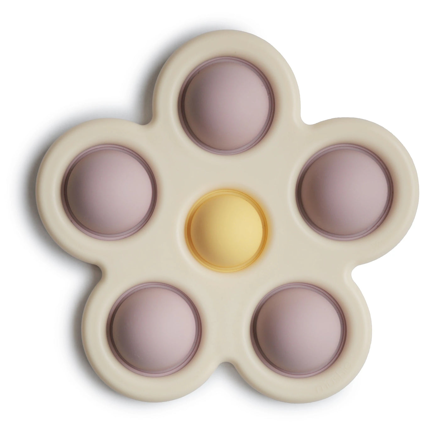 Mushie Flower Press Sensory Toy in Soft Lilac, Daffodil, and Ivory - BPA-free silicone baby toy for fine motor skill development